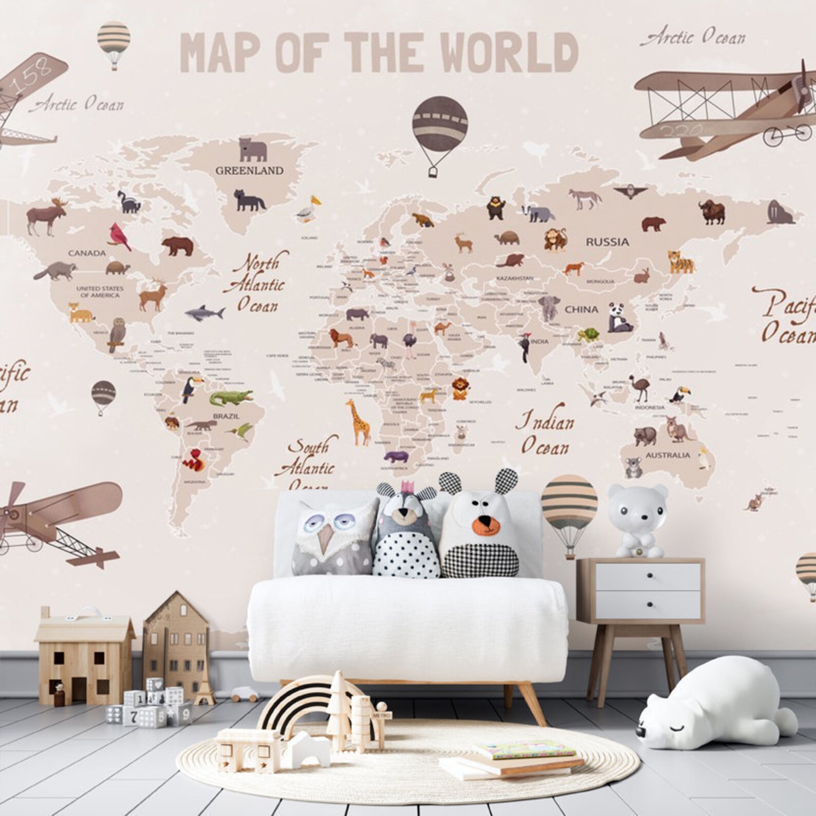 Animals World Map for Kids Wallpaper Peel and Stick Easy Etsy