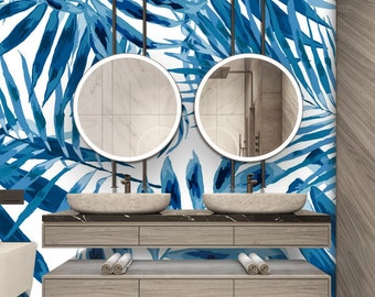 Blue Tropical Leaves Wallpaper Watercolor indigo Palm Tropical Wall Mural Peel and Stick Wall Art Removable Vintage Gold Leaves Wallpaper