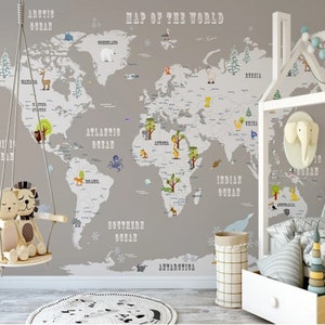 Graue Weltkarte Kinder Tapete Peel and Stick Tiere Karte abnehmbar selbstklebend Kinderzimmer Tapete Kinderzimmer Wandbild
