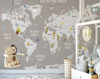 Grey Color World Map Kids Wallpaper Peel and Stick Animals Map Removable Self Adhesive Child Room Wallpaper Nursery Wall Mural