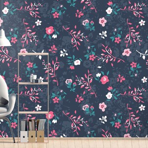 Cute Vintage Floral Wallpaper Sfondo scuro Wall Mural Peel and Stick Wall Art Facile rimovibile Vintage Acquerello Fiori Carta da parati