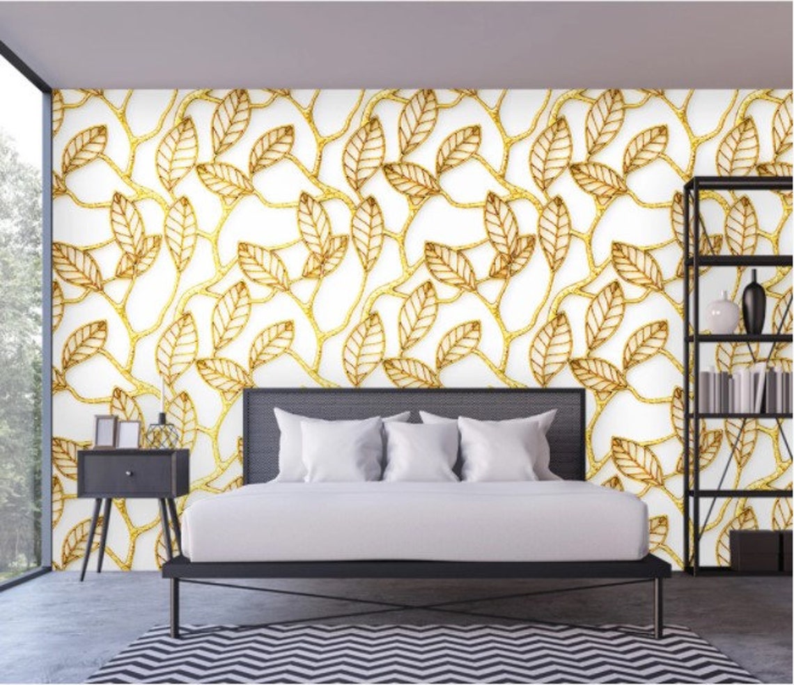 Gold Tropical Palm Leaves Wallpaper Gold Color Banana Leafs Etsy