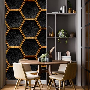 Golden Art Deco Geometric Wallpaper: Black Hexagon Peel and Stick Mural