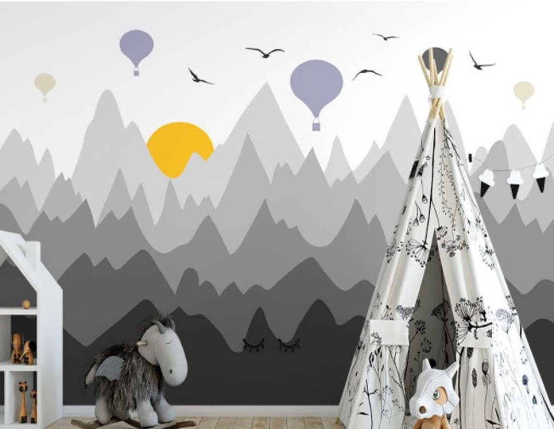 Forest Mountain Nursery Wall Mural Sun and Birds Wallpaper Etsy