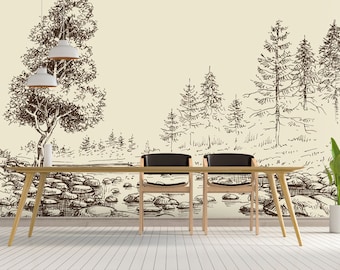 Nature Landscape Wall Mural Abstract  Trees and River Wallpaper Peel and Stick Easy Removable Pattern Wallpaper Living Room Wall Mural