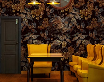 Tropical Wallpaper Peel and Stick | Removable Wallpaper | Vintage Exotic Leaf Crane Birds Wall Mural | Pastel Color Leaves Wallpaper