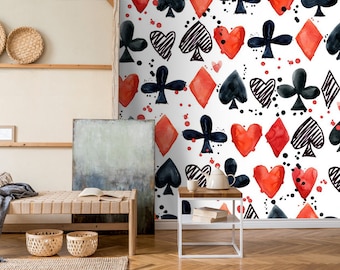 Playing Cards Wall Mural Abstract Casino Poker Watercolor Wallpaper Peel and Stick Easy Removable Pattern Wallpaper Living Room Wall Mural
