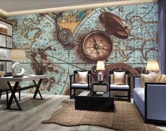 World Map Wallpaper Peel and Stick Compass Map Removable Self Adhesive Child Room Wallpaper Nursery Wall Mural