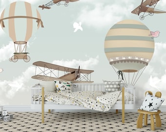 Hot Air Balloons and Biplanes Kids Wall Mural Nursery Wallpaper Peel and Stick Self Adhesive Kids Wallpaper Child Room Wall Decal