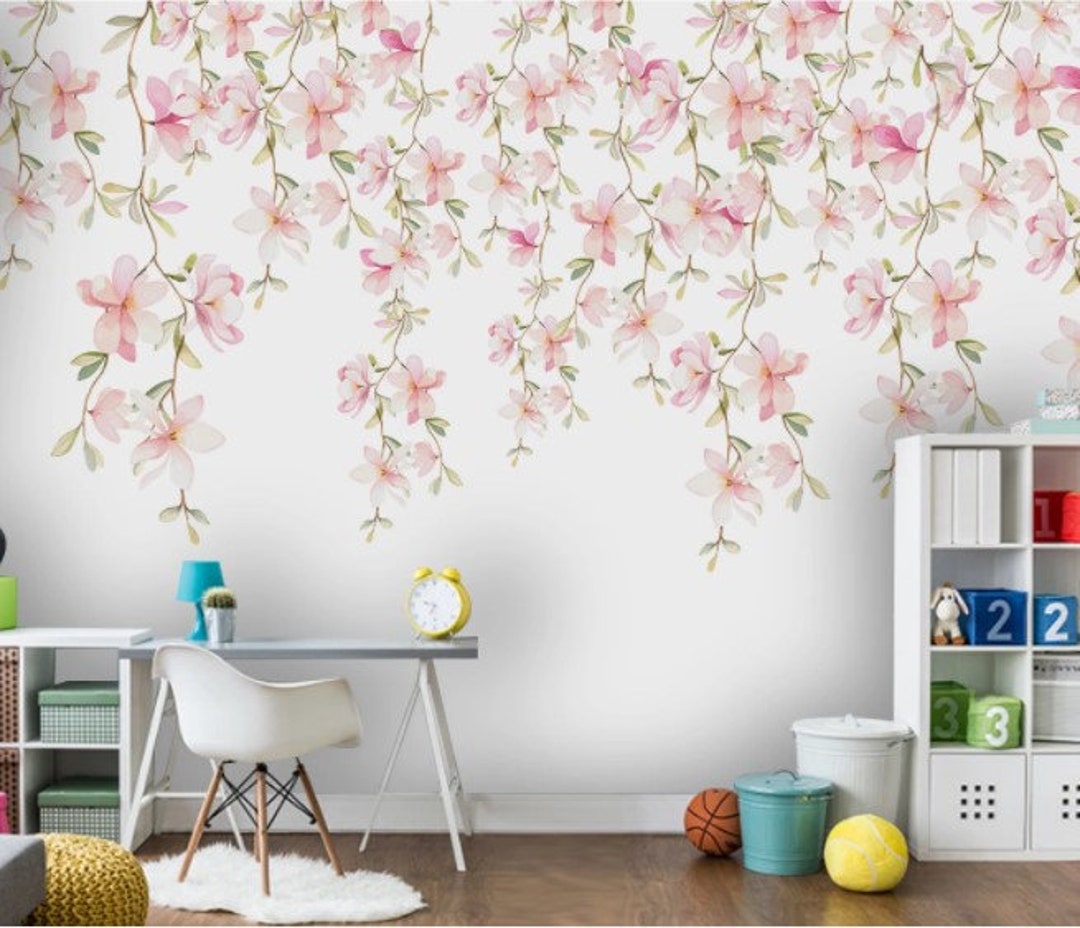 Watercolor Pink Flowers Wallpaper: Peel and Stick Floral Wall Mural - Etsy