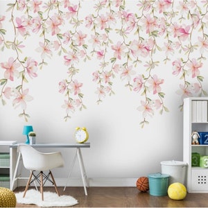 Watercolor Pink Flowers Wallpaper Peel and Stick Wall Art Easy Removable Soft Floral Wallpaper Flowers Watercolor Wall Mural Living Room