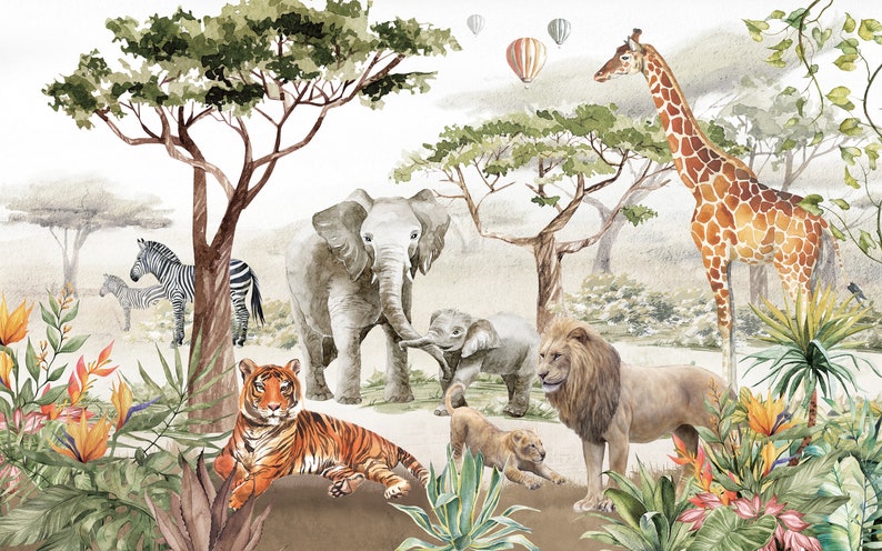 Safari Animals Peel and Stick Wallpaper: Jungle Nursery Mural - Etsy Canada