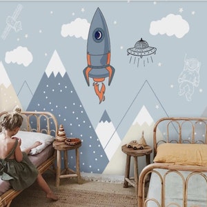 Carta da parati Sky Montain Planet Nursery Carta da parati Galaxy e Rocet Peel and Stick Carta da parati per bambini autoadesiva rimovibile facile Decorazioni per la camera dei bambini