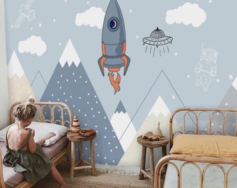 Sky Montain Planet Nursery Wall Mural Galaxy and Rocet Wallpaper Peel and Stick Easy Removable Self Adhesive Kids Wallpaper Child Room Decor