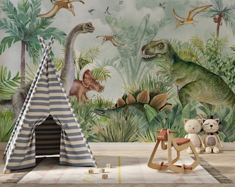 Dinosaur Wallpaper, Kids Wallpaper Peel and Stick, Jurrasic Wall Mural, Kids Self Adhesive Nursery Wall Mural, Trex Wallpaper