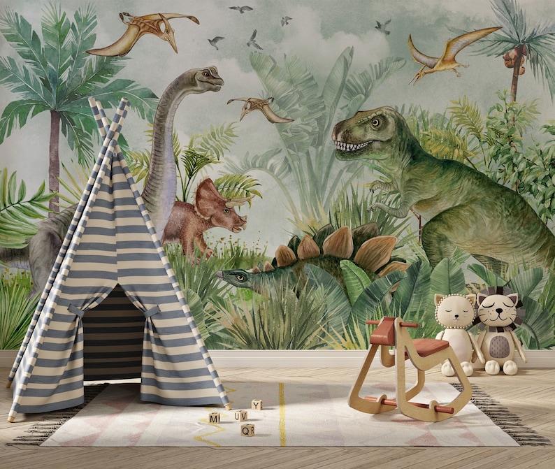Dinosaurietapet: Jurassic barnrum självhäftande väggmålning bild 1
