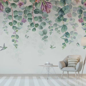 Watercolor Eucalyptus Leaves, Flowers Wallpaper Tropical Flowers Wall Mural Peel and Stick Wall Art Easy Removable Vintage  Wallpaper