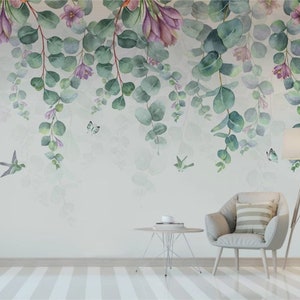 Watercolor Eucalyptus Floral Wallpaper: Peel and Stick Wall Mural, Botanical Bedroom Decor