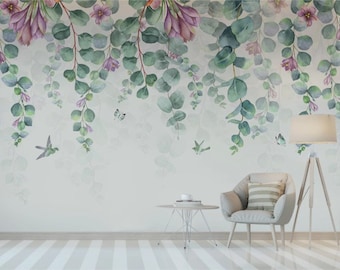 Watercolor Eucalyptus Leaves, Flowers Wallpaper Tropical Flowers Wall Mural Peel and Stick Wall Art Easy Removable Vintage  Wallpaper
