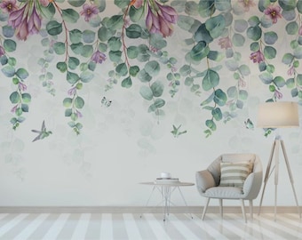 Watercolor Eucalyptus Leaves, Flowers Wallpaper Tropical Flowers Wall Mural Peel and Stick Wall Art Easy Removable Vintage  Wallpaper