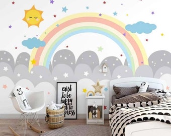 Rainbow and Sun Nursery Wall Mural Kids Wallpaper Peel and Stick Easy Removable Self Adhesive Kids Wallpaper Child Room Wallpaper