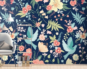 Colorful Floral and Birds Wallpaper Dark Flowers Peel and Stick Wall Art Easy Removable Wallpaper Flowers Seamless Pattern Wall Mural