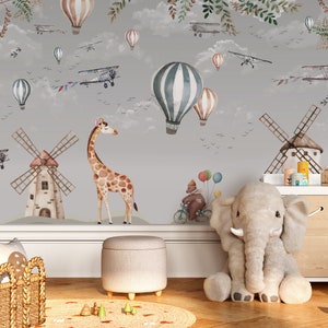Kids Wallpaper Animals Hot Air Balloon Peel and Stick Kids Playroom Decor Easy Removable Self Adhesive Kids Wallpaper Child Room Wallpaper