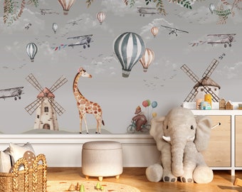 Kids Wallpaper Animals Hot Air Balloon Peel and Stick Kids Playroom Decor Easy Removable Self Adhesive Kids Wallpaper Child Room Wallpaper