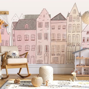 Kids Wallpaper Cute City House Wallpaper Peel and Stick  Nursery Wall Mural Self Adhesive Kids Wall Mural Child Room Wallpaper