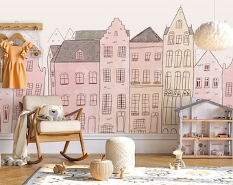 Kids Wallpaper Cute City House Wallpaper Peel and Stick  Nursery Wall Mural Self Adhesive Kids Wall Mural Child Room Wallpaper