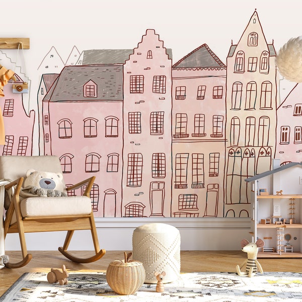 Kids Wallpaper Cute City House Wallpaper Peel and Stick  Nursery Wall Mural Self Adhesive Kids Wall Mural Child Room Wallpaper