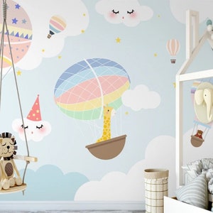 Rainbow Hot Air Balloons Kids Wall Mural Kids Wallpaper Peel and Stick Easy Removable Self Adhesive Kids Wallpaper Child Room Wallpaper
