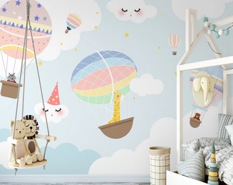 Rainbow Hot Air Balloons Kids Wall Mural Kids Wallpaper Peel and Stick Easy Removable Self Adhesive Kids Wallpaper Child Room Wallpaper