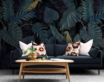 Tropical Wallpaper Removable Wall Mural Peel and Stick Leaves Palm Wall Art Vintage Watercolor Blue Color Living Room