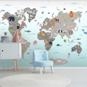 World Map Kids Wallpaper  Peel and Stick Nursery Map Removable Self Adhesive Child Room Wallpaper Nursery Wall Mural Child Room Decor
