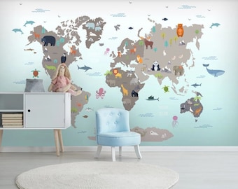 World Map Kids Wallpaper  Peel and Stick Nursery Map Removable Self Adhesive Child Room Wallpaper Nursery Wall Mural Child Room Decor