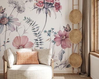 Wild Floral Wallpaper | Watercolor  Floral Wall Mural | Vintage Flowers Wall Mural | Traditional Removable Wallpaper, Peel Stick Wallpaper