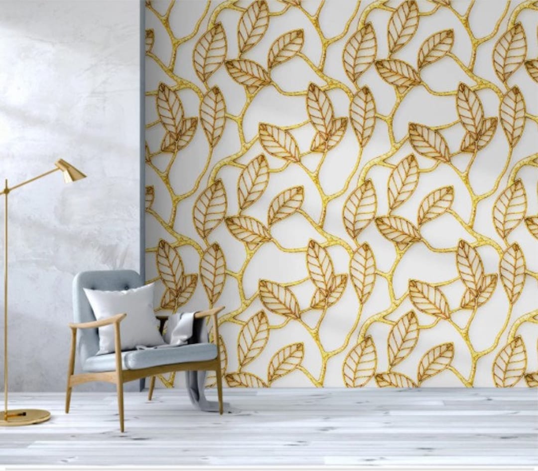 Gold Tropical Leaf Wallpaper: Peel and Stick Removable Wall Mural - Etsy
