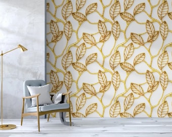 Gold Tropical Palm Leaves Wallpaper Gold Color Banana Leafs  Wall Mural Peel and Stick Wall Art Removable Vintage Leaf Wallpaper