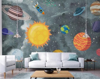 Space and Planets Nursery Wall Mural Astronaut Wallpaper Peel and Stick Easy Removable Self Adhesive Kids Wallpaper Child Room Wallpaper