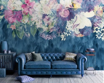 Colorful Flowers Wallpaper Peel and Stick Blue Color Wall Mural Easy Removable Pattern Wall Mural Watercolor Floral Seamless