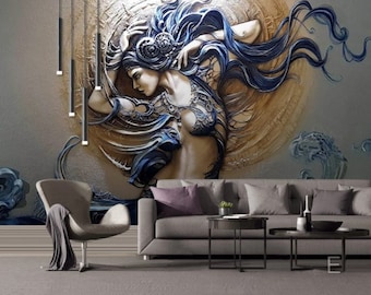 3D Look Relief Sexy Beauty Wallpaper, Women Style Relief Wall Mural Peel and Stick Colorful Easy Removable Living Room Wall Mural