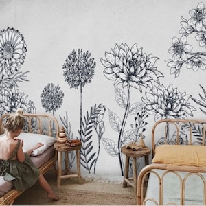 Floral Wallpaper Mural: Gray and White Flowers, Peel and Stick Wall Art
