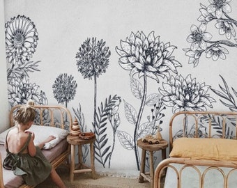 Gray and White Flowers Wallpaper Peel and Stick Wall Art Easy Removable Soft Floral Wallpaper Flowers Watercolor Wall Mural Living Room