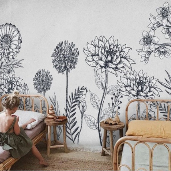 Black and White Floral Wallpaper Etsy