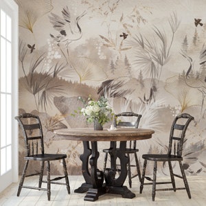 Watercolor Forest Wallpaper: Vintage Crane Birds, Peel and Stick Mural