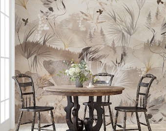 Watercolor Vintage Forest Wallpaper- Peel and Stick Forest Tropical Landscape Wall Mural- Crane Birds Wallpaper