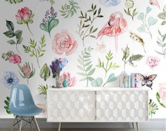 Plant Flowers Wallpaper Peel and Stick Wall Art Easy Removable Colorful Floral Wallpaper Flowers Seamless Watercolor Pattern Wall Mural