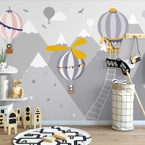 Grigio Montagna Nursery Parete Murale Mongolfiere Carta da parati Peel and Stick Facile rimovibile Autoadesivo Bambini Carta da parati Carta da parati Per bambini Carta da parati per bambini