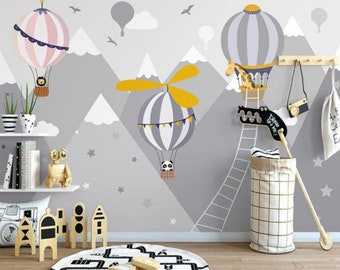 Grey Mountain Nursery Wall Mural Hot Air Balloons Wallpaper Peel and Stick Easy Removable Self Adhesive Kids Wallpaper Child Room Wallpaper